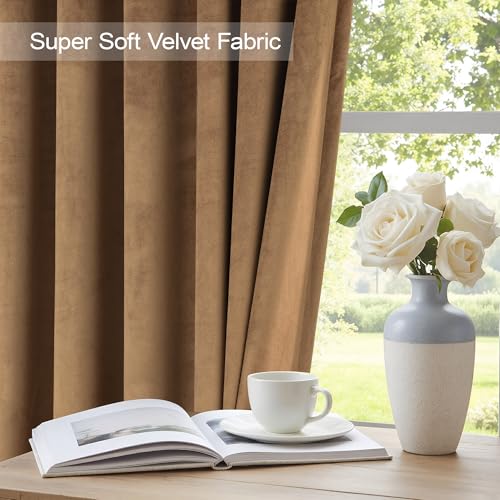 Image of Pitalk Velvet Black Out Curtains Gold Brown for Bedroom Thermal Soundproof Noise Reducing Drape for Nursery Living Room Darkening Privacy Luxury Home Decor Back Tab 63 Inch Length 2 Panel Golden Brown