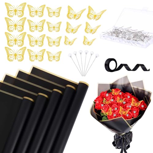 30 Sheets Flower Wrapping Paper Waterproof Black Bouquet Wrapping Paper 36Pcs 3D Gold Butterfly Decorations with 25 Yards Satin Ribbon 100 Diamond Pins for DIY Mother\'s Day Gift