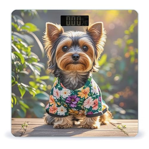 Báscula Digital Yorkie Floral de Vidrio Templado