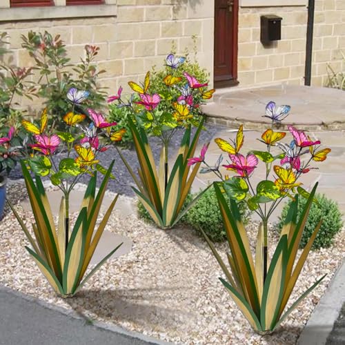 Image of TOMBABY Garden Outdoor Butterfly Enlarge Thickened Wind Resistant Metal Agave Garden Art Metal Plant Country Sculpture Statue Decorations Ornaments Artificial Waterproof lieslight Green 3pcs