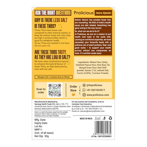 Image of Prolicious High Protein High Fiber Jeera Ajwain Chips | No Plam Oil | Low Salt | Ideal for weightloss & PCOS | Healthy Snack | 50g each, Pack of 3