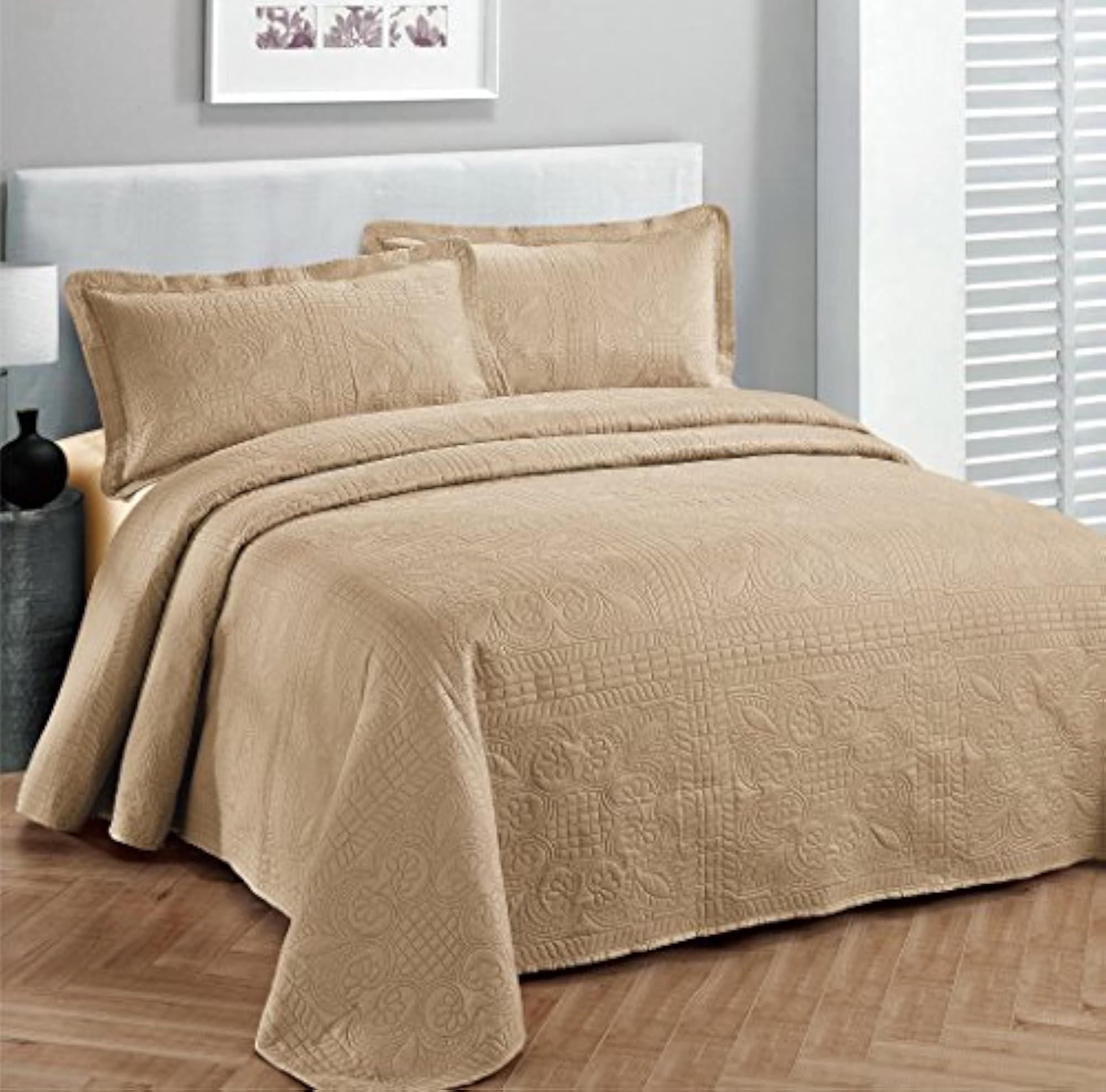 3pc Luxury Embossed Bedspread Coverlet Set, Solid Taupe