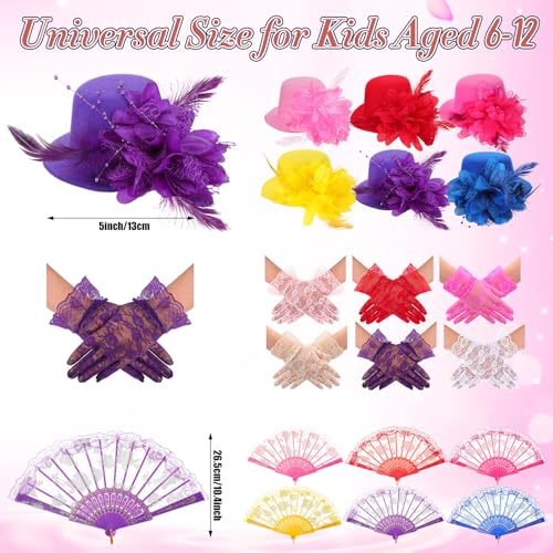 JaGely 18 Pcs Girls Tea Party Supplies Girls Mini Tea Party Hat and Gloves Lace Folding Fan(Bright Colors)2