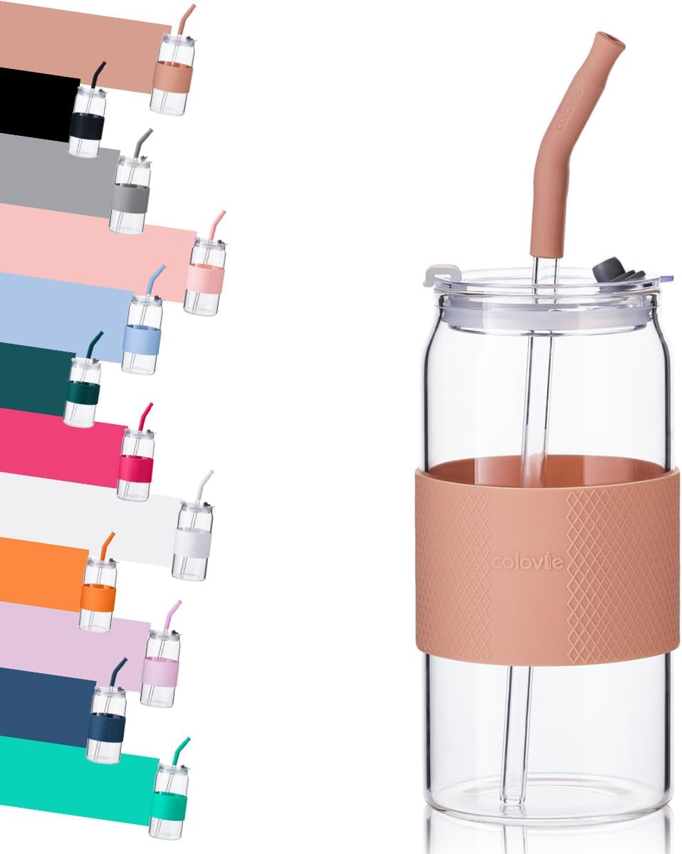 ColoVie Glass Tumbler with 3 IN 1 Lids and Glass Straws(Extra Silicone Tips), Silicone Protective Sleeve, Iced Coffee Cup, Travel Water Bottle, Soda Beer Can Cups, Hot Tea-Amber 20oz 1pc