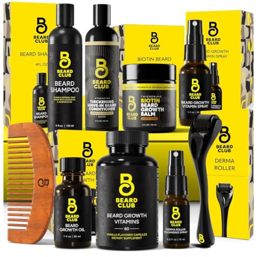 Image of The Beard Club Supreme Beard Growth Kit - Derma Roller, Growth Oil, Vitamins, Vitamin Spray, Biotin Balm, Thickening Conditioner, Shampoo, Comb & Cleansing Spray - Gift Set