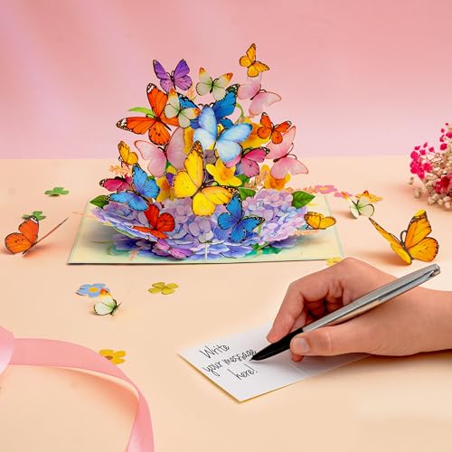 Image of POPWOW Butterflies Pop Up Card, 5x7 Inch 3D Greeting Card with Hydrangeas and Floral Design, for Mother's Day, Birthday, Valentine's Day or Anniversary, Includes Envelope & Note