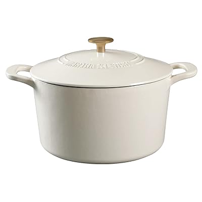 MARTHA STEWART Gatwick 7-Quart Enamel Cast Iron Dutch Oven – Linen White With Gold – Heavy-Duty Dutch Oven for Slow Cooking, Braising & Baking