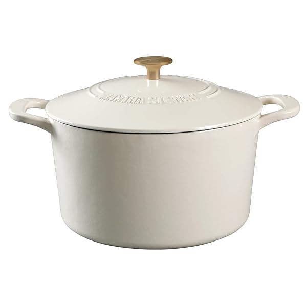 MARTHA STEWART Gatwick 7-Quart Enamel Cast Iron Dutch Oven – Linen White With Gold – Heavy-Duty Dutch Oven for Slow Cooking, Braising & Baking
