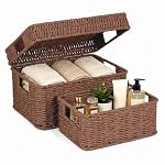 Wicker Storage Basket with Lid for Shelves, Set of 2, Dark Brown