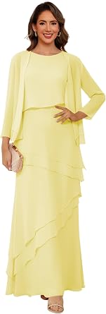2 Pieces Mother of The Bride Dress with Jacket Floor Length Chiffon Formal Dress for Women Yellow 6