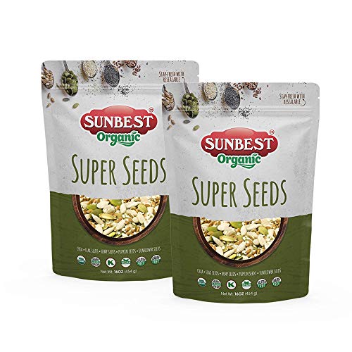 SUNBEST NATURAL Organic Super Seeds Salad Toppings ,Healthy Super Seeds Pack of 2 16oz (Sunflower Kernels,Pumpkin Kernels, Flax Seeds,Chia Seeds, Hemp Seeds)Raw in Resealable Bag Non Gmo,Vegan ,Kosher, Organic