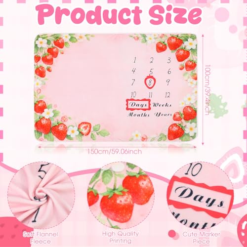 Image of Chumia Baby Monthly Milestone Blanket for Girl 59 inch x 39 inch Pink Strawberry Photo Prop Blankets Baby Age Milestone Blanket with 2 Felt Floral Wreath Frame