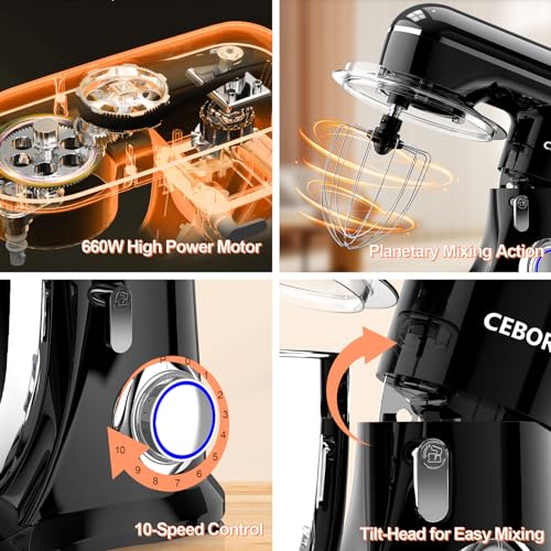 Image of CEBORY 3-IN-1 Electric Stand Mixer, 6.5QT Bowl 660W 10-Speed Kitchen Mixer, Household Food Mixers include Dough Hook, Beater and Whisk, Bread Cake Mixer for Baking and Most Home Cooks, Black