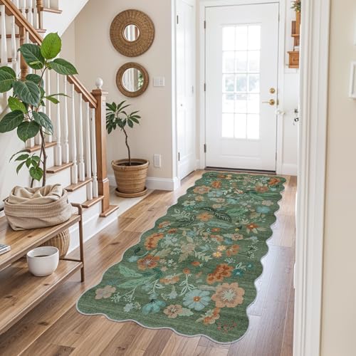 Hallway 3x6 Washable Runner Rug - Indoor Floral Scalloped Kitchen Entryway Low Pile Carpet Soft Non Slip Floor Mat for Bathroom Living Room Bedroom Elegant Home Decor(3x6 Floral/Green)