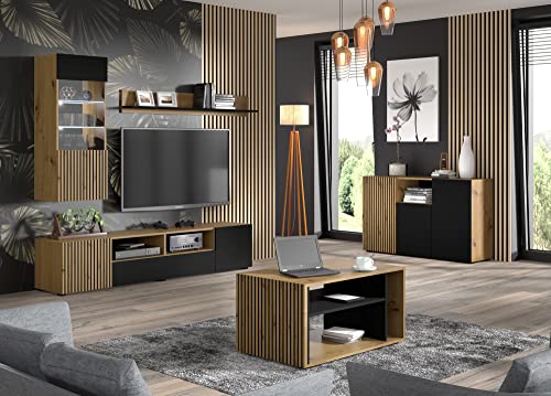 BIM Furniture Meuble TV AURIS 200 cm - Banc TV Moderne en Chêne Artisan et Noir - 3 Portes, 2 Niches Push-to-Open, Façade Rainurée MDF – Image 6