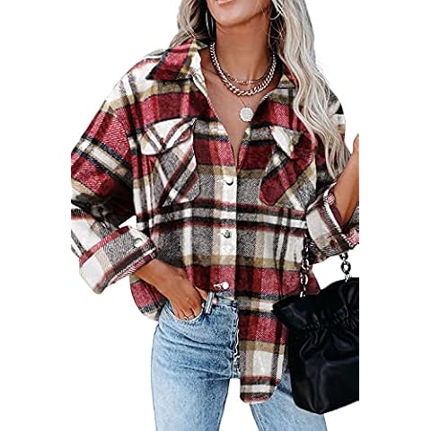 KISSMODA Checked Shirts for Women Casual Corduroy Jacket Botton Down Long Sleeve Tops Blouses Red Plaid Large Cover