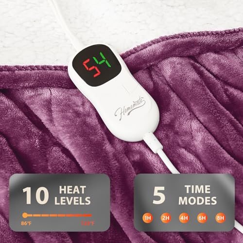 Image of Homemate Electric Heated Blanket Full Size - 72 inchx84 inch Heating Bed Blankets Throw with 8 Hours Auto Off 10 Heating Levels Fast Heating Over-Heated Protection Soft Warm Flannel Bed ETL Certified Purple