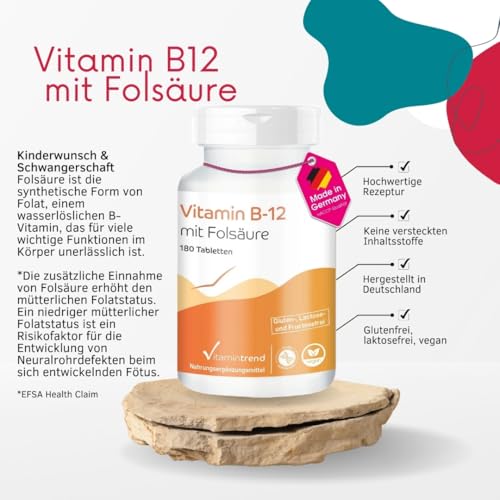 Vitamintrend Vitamin B12 500µg mit Folsäure 100µg, 180 Tabletten, schluckfreundlich, hochdosiert, Nahrungsergänzungsmittel vegan ohne Magnesiumstearat, in Deutschland hergestellt