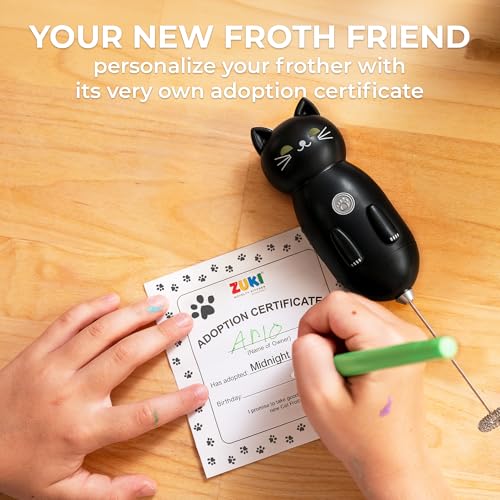 Image of Cat-Shaped Frother Mixer - Cutesy Frother, Meet Your New Frothing Buddy Midnight The Cat, Adoption Papers and Stickers Included, Purrr-fect for Lattes, Cappuccino & Matcha - Black