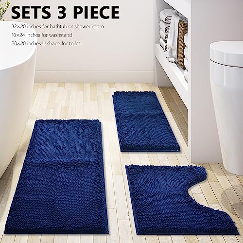 Image of Bathroom Rugs Chenille 3-Piece Extra Soft and Absorbent Shag Bathroom Rugs, Machine Wash Mat, Strong PVC Non-Slip Underside, Plush Carpet Mats (Navy Blue)