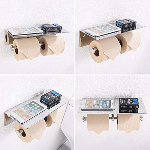 Double Toilet Paper Holder With Shelf Polished Chrome, Aplusee Sus304 Stainless Steel Contemporary Bathroom Tissue Roll Holder Cell Phone Storage Rack #TOP2