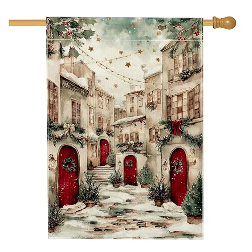 Bandera de casa de acebo, luces de Navidad festivas, de arpillera roja, banderas decorativas de doble cara para porche exterior, patio, césped, entrada, camping, 28 x 40 pulgadas