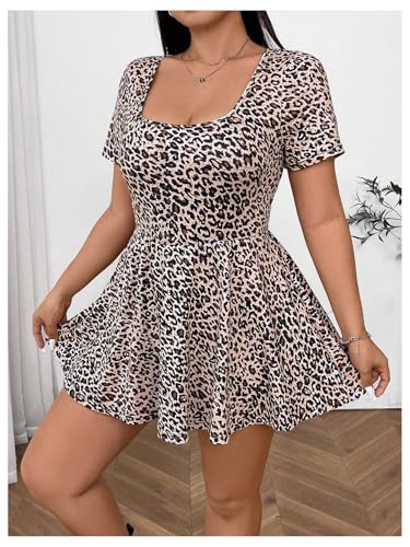 Image of WDIRARA Women's Plus Size Leopard Print Dress Square Neck Short Sleeve Ruffle Hem A Line Dress