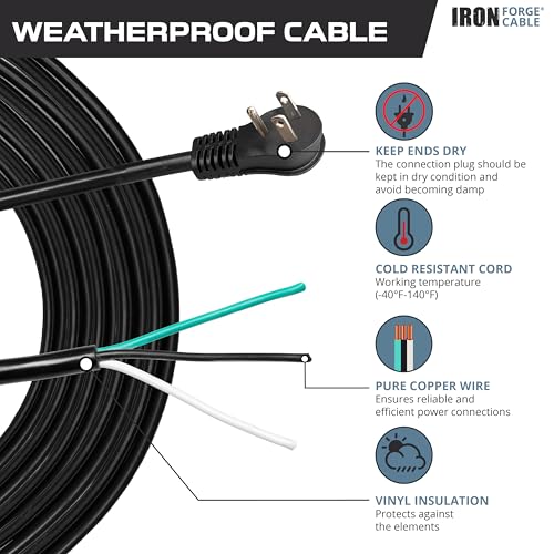 Iron Forge Cable Flat Plug 14 Gauge Power Cord Replacement - 15ft,15 Amp Black Heavy Duty, 14/3 SJT 3 Prong Cable for Appliances & Power Tools