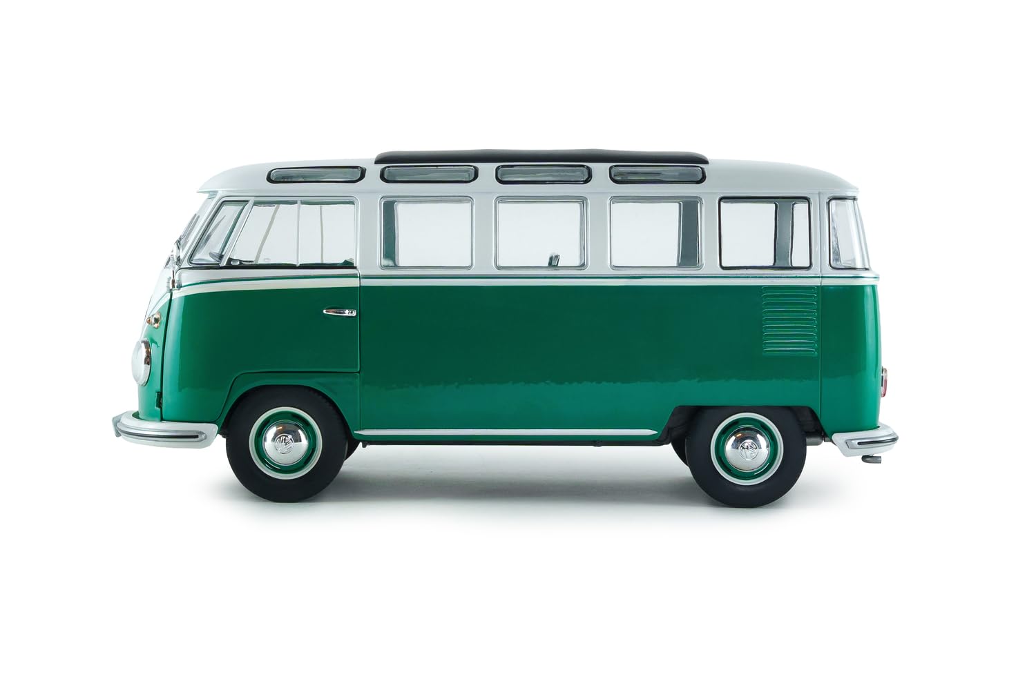 Solido - VW T1 Samba 1962 1:18 - Modellino di auto pressofuso, modello da collezione in metallo, verde/bianco, con base in plastica, scatola con finestra
