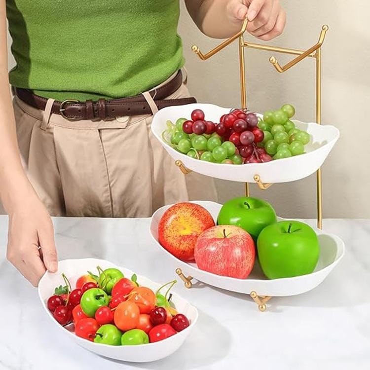 Elegant Fruit Bowl – Porcelain & Iron Decorative Bowl for Kitchen & Dining Table | White & Gold Modern Countertop Centerpiece for Fruits, Snacks & Home Décor