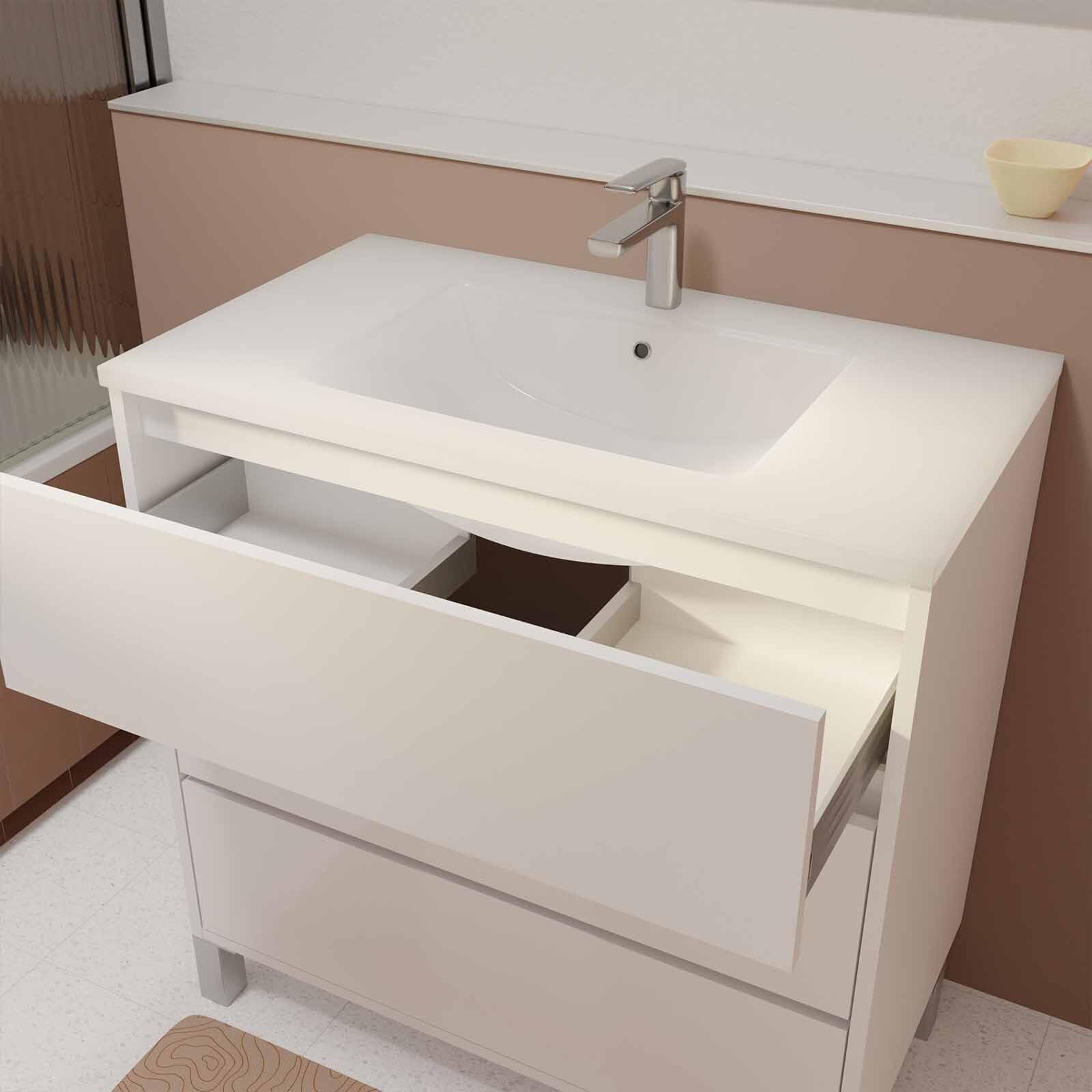 AURLANE Ensemble Meuble de Salle de Bain Blanc 80 cm sur Pied 3 tiroirs + Vasque ceramique Blanche + Miroir