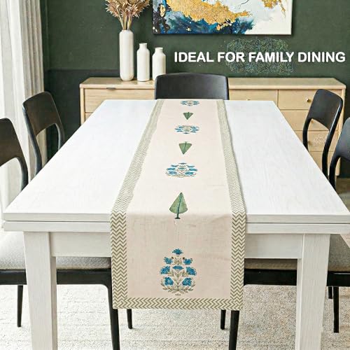 Image of Kuber Industries 13x72 Inch Dining Table Runner for Home Decor | 6 Seater Cotton Table Protecter Use for Kitchen & Buffet Cabinet | Tulips - White & Blue