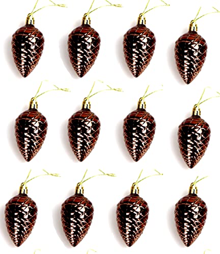 MINGJIANG Lot de 6 Boule de Sapin de Noël en Forme de Pomme de Pin 6 cm,Mat Paillettes Plastique Décorations de Noël Suspendre Ornement Sapin de Noël Automne Thanksgiving Party (Brun, Lot de 12) Cover