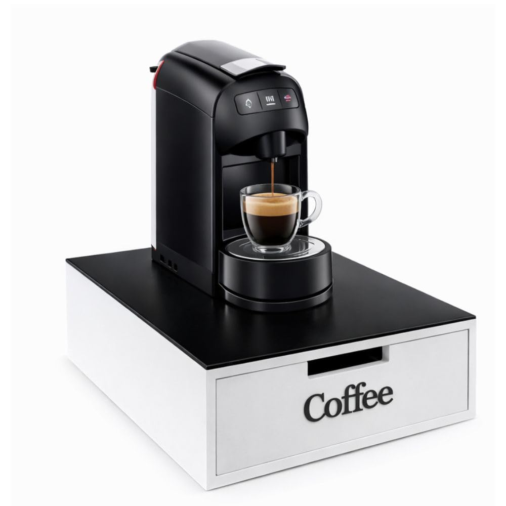 Porta Capsule e Cialde Caffè in Bambù e Vetro Nero – Cassetto 3 Scomparti Organizer Capsule e Cialde (scritta nera)