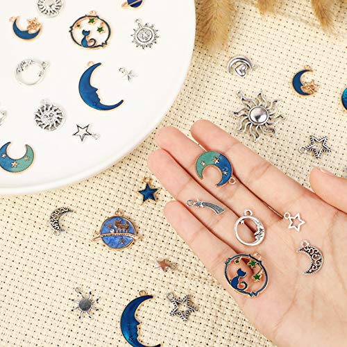 WILLBOND 108 Pieces Jewelry Charms, Mixed Antique Silver Sun Stars Moon Charms Pendants, Assorted Gold Plated Enamel Cat Moon Star Celestial Charm Pendant for Earrings Necklace Jewelry Crafting4