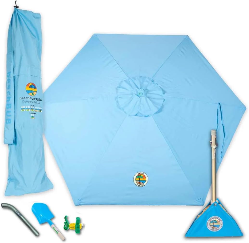 ALL-IN-ONE BEACH UMBRELLA SYSTEM. Includes ULTRA Base (compliant with the ASTM F3681-24 Beach Umbrella Safety Standard). (Caribbean Blue)
