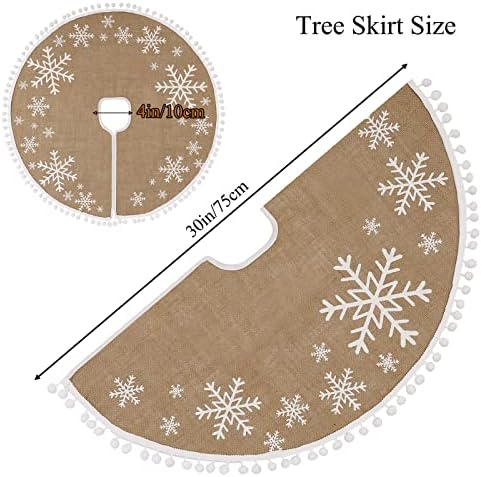 N&T NIETING Christmas Tree Skirt, 30 Inch Burlap White Snowflakes Tree Skirt with Small Pom Poms Tree Base Cover for Xmas Tree Christmas Decorations