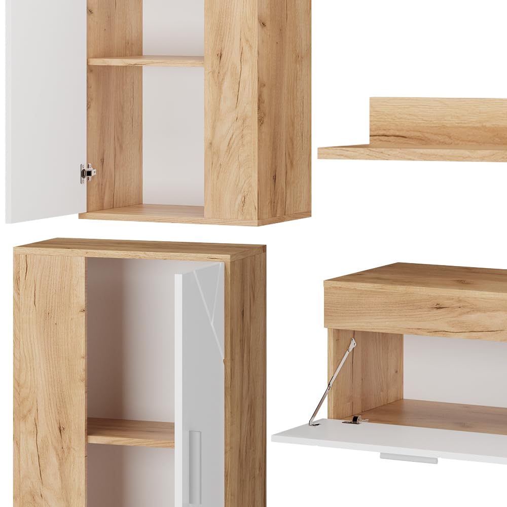 Vicco Meuble Mural Berno, Chêne doré/Blanc, Set de 4 pièces, Convient au Rangement des appareils multimédias et des Accessoires