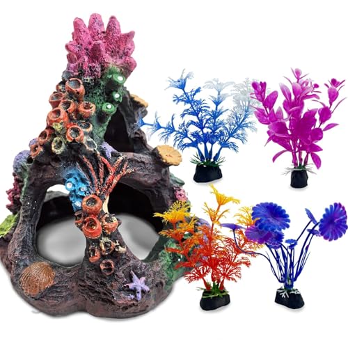 Image of PINVNBY Colorful Coral Small Fish Tank Decorations with 4PCS Artificial Aquarium Plants, Resin Mountain Ornament for Goldfish Betta Fish Tank Cave Hideout Sleep Rest Play Breed