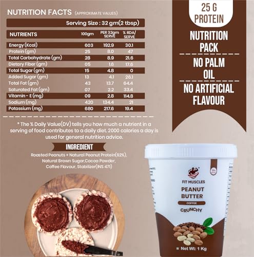 Image of Fit Muscles Coffee Crunchy Peanut Butter 1kg, 25g Protein, Crunchy Peanut Spread, Rich Coffee Flavour, Natural Peanut Butter, No Palm Oil, No Artificial Flavour, Healthy Breakfast Gym Diet Food
