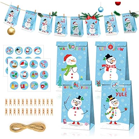 ECHOAN 24 Pcs Christmas Advent Calendar Kraft Bags,Christmas Countdown Calendar Bag, and Fill with 1-24 Numbers Stickers, for Xmas Decoration Supplies Cover