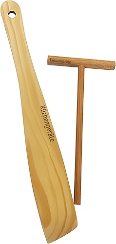 Kuchengerate - Juego de 2 palitos esparcidores de crepé de 3.5 pulgadas y espátula de 12 pulgadas, estructura en forma de T, madera de haya natural