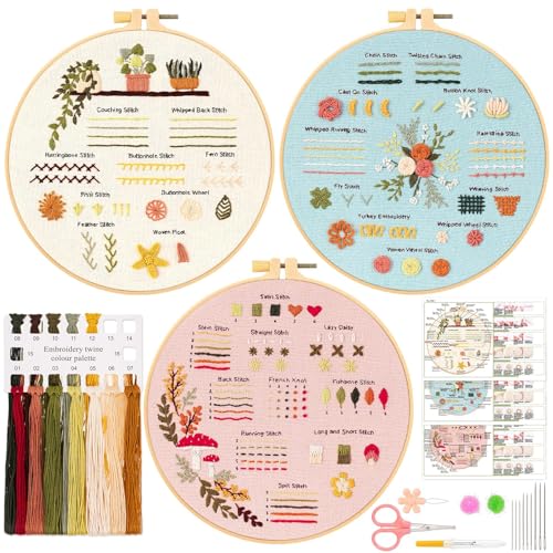 Hapurs 3Sets Embroidery Kit for Beginner, Embroidery Stitch Practice Kit to Learn 30 Different Stitch, Flower Cross Stitch Kit Embroidery Starter Kit for Adult Kids with Hoop Needle Thread