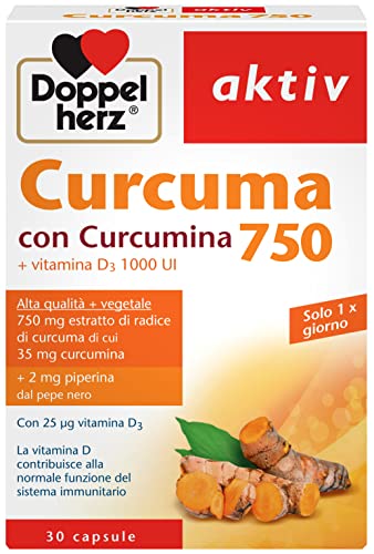 Curcuma 750 mg e Piperina - 30 capsule ad Alto Dosaggio - Integratore Curcumina con Vitamina D3 - favorisce il funzionamento del sistema immunitario – Doppelherz