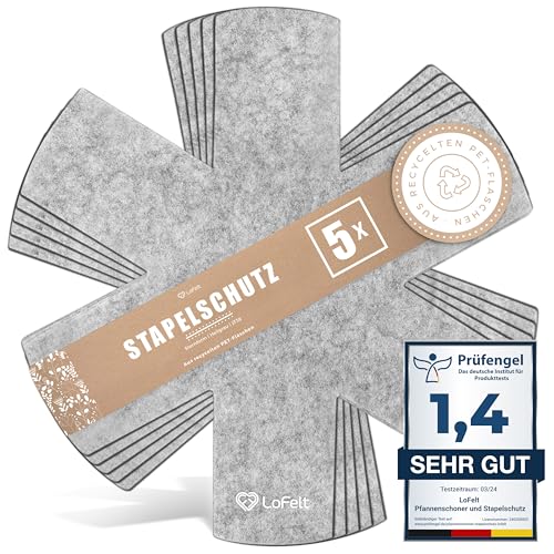 LoFelt® Pannenbeschermers en stapelbescherming voor pannen, potten, kommen en ander keukengerei, 5 vilten panbeschermers in XL, diameter 38 cm, vilten pannenbescherming, lichtgrijs, stervormig