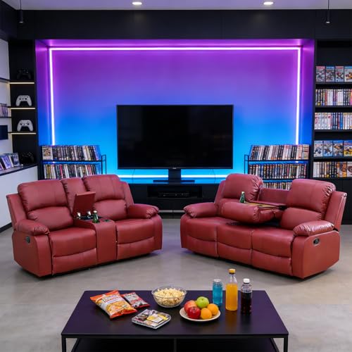 Bicerkib Leather Recliner Sofa Set for Living Room Furniture Sets, Red Faux Leather Manual Reclining Sofa and Loveseat Set 2 Pieces for Home Furniture/Theater Seating/Rv Car/Curbside Only(3+2)