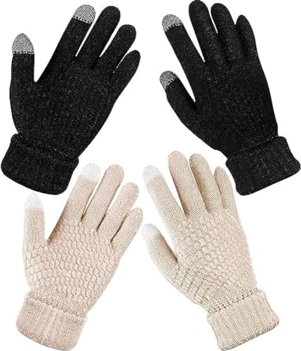 Sunscreen 2 Pairs Women's Winter Touchscreen Gloves Warm Fleece Lined Knit Gloves Elastic Cuff Winter Texting Gloves
