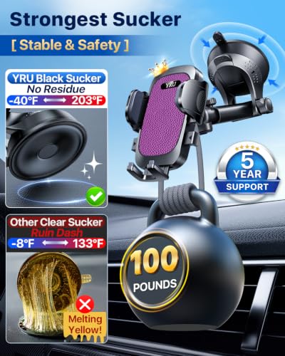 Image of YRU [True Upgrade for Safety] Car Phone Holder Mount [Patent & Military-Grade] Dashboard Cell Phone Holder for Car Vent Windshield Phone Stand for iPhone 17 16 15 14 13 Pro Max Truck Samsung, Purple
