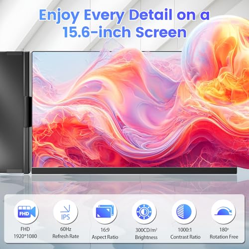 Image of Teamgee 15.6 inch Laptop Screen Extender, Slim & Lightweight Portable Monitor for Laptop, Full HD IPS, 360 Rotating Stand, Detachable, USB-C Plug & Play, RGB Lighting, Thin Bezels