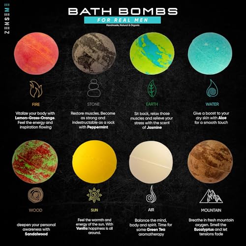 Bath Bombs for Men, Gift Set of 8 Scented Organic Handmade Bath Bombs of 2.5 oz with Natural Essential Oils for Boyfriend, Husband, Father or Friend, by ZenseMe